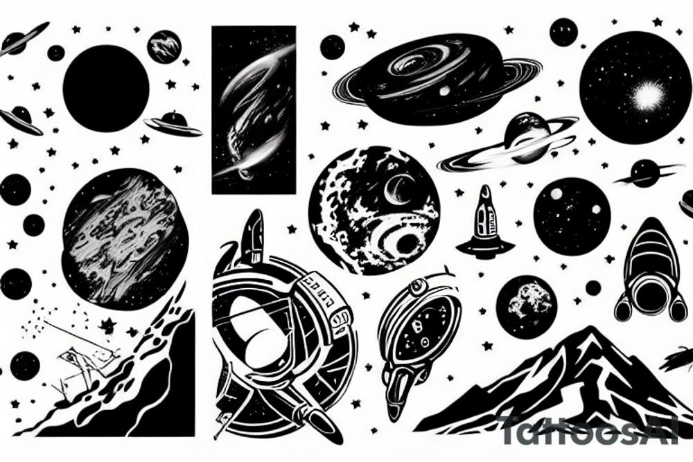 Futuristic dystopian outer space landscape tattoo idea