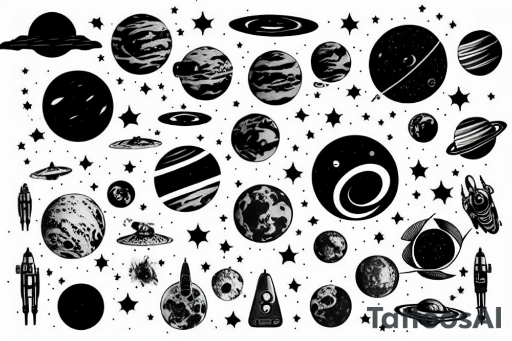 Futuristic dystopian outer space landscape tattoo idea