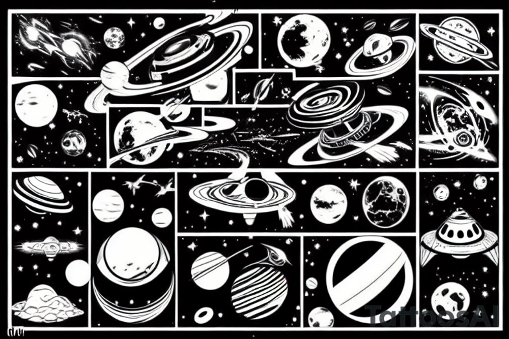 Futuristic dystopian outer space landscape tattoo idea
