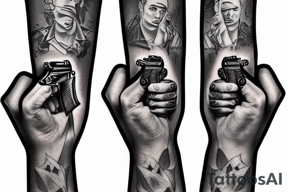 hand holding a gun, facing forward tattoo idea