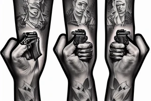 hand holding a gun, facing forward tattoo idea