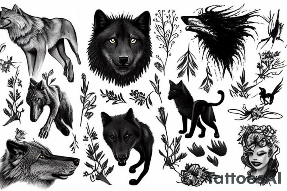 Wildflowers , trees and nature with a black wolf, lion, raven, coyote and black cat tattoo idea