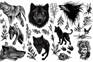 Wildflowers , trees and nature with a black wolf, lion, raven, coyote and black cat tattoo idea