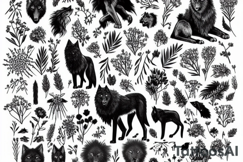 Wildflowers , trees and nature with a black wolf, lion, raven, coyote and black cat tattoo idea