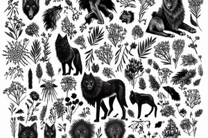 Wildflowers , trees and nature with a black wolf, lion, raven, coyote and black cat tattoo idea