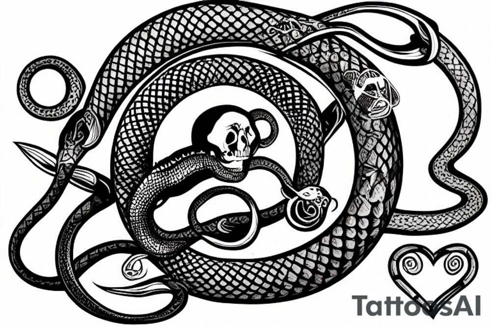 Ouroboros snake wrapped around an hourglass that has a skull inside it tattoo idea
