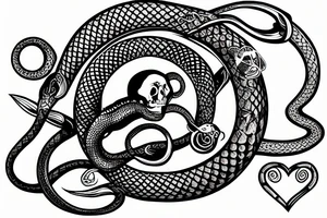 Ouroboros snake wrapped around an hourglass that has a skull inside it tattoo idea