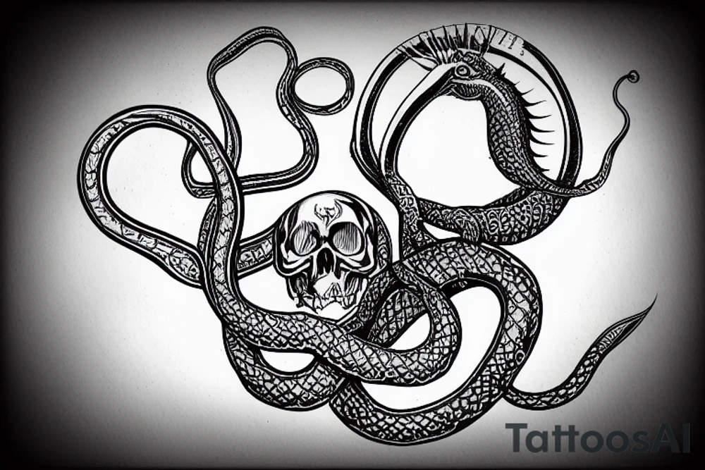 Ouroboros snake around an hourglass that has a skull inside it tattoo idea