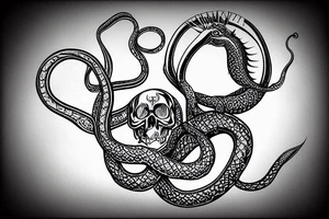 Ouroboros snake around an hourglass that has a skull inside it tattoo idea