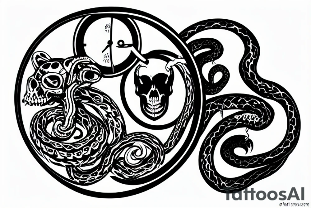 Ouroboros snake around an hourglass that has a skull inside it tattoo idea