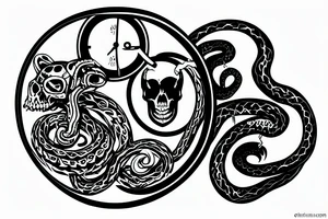 Ouroboros snake around an hourglass that has a skull inside it tattoo idea
