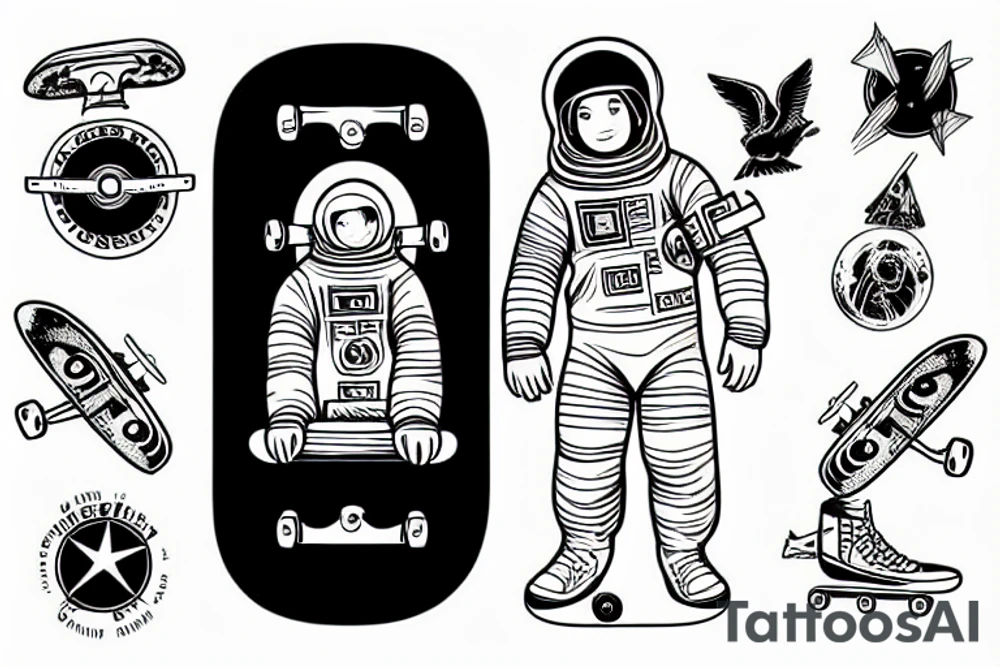 astronaut sitting on top of a skateboard at the skate park tattoo idea