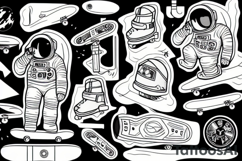 astronaut sitting on top of a skateboard at the skate park tattoo idea