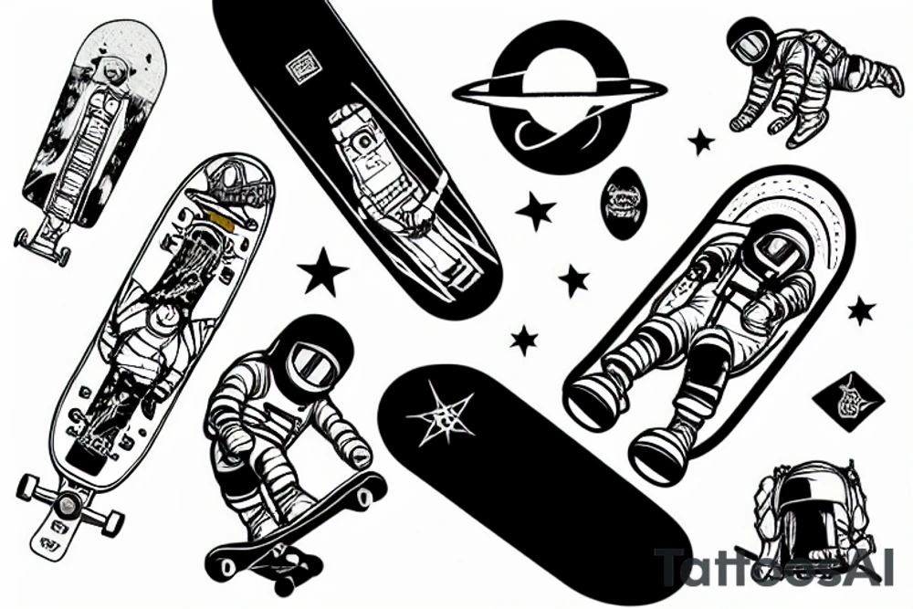 astronaut sitting on top of a skateboard at the skate park tattoo idea