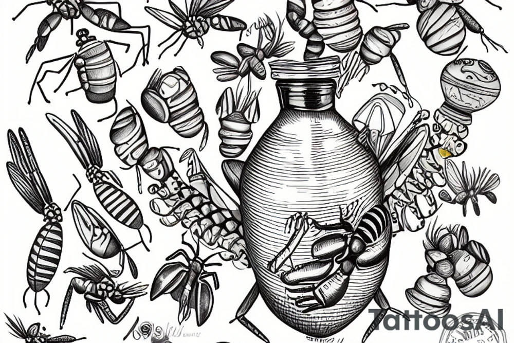 Mantis eating from a honey jar tattoo idea