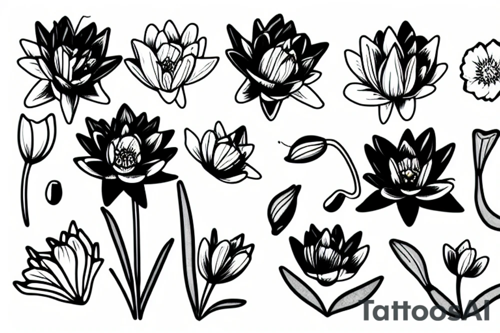 A daffodil, a water lily, a lily of the valley, and a poppy emerging from a female head tattoo idea