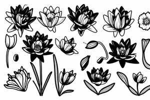 A daffodil, a water lily, a lily of the valley, and a poppy emerging from a female head tattoo idea