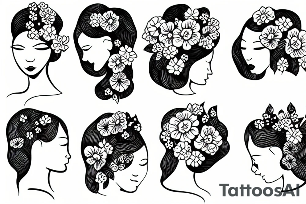 Bouquet of flowers emerging from a female head tattoo idea