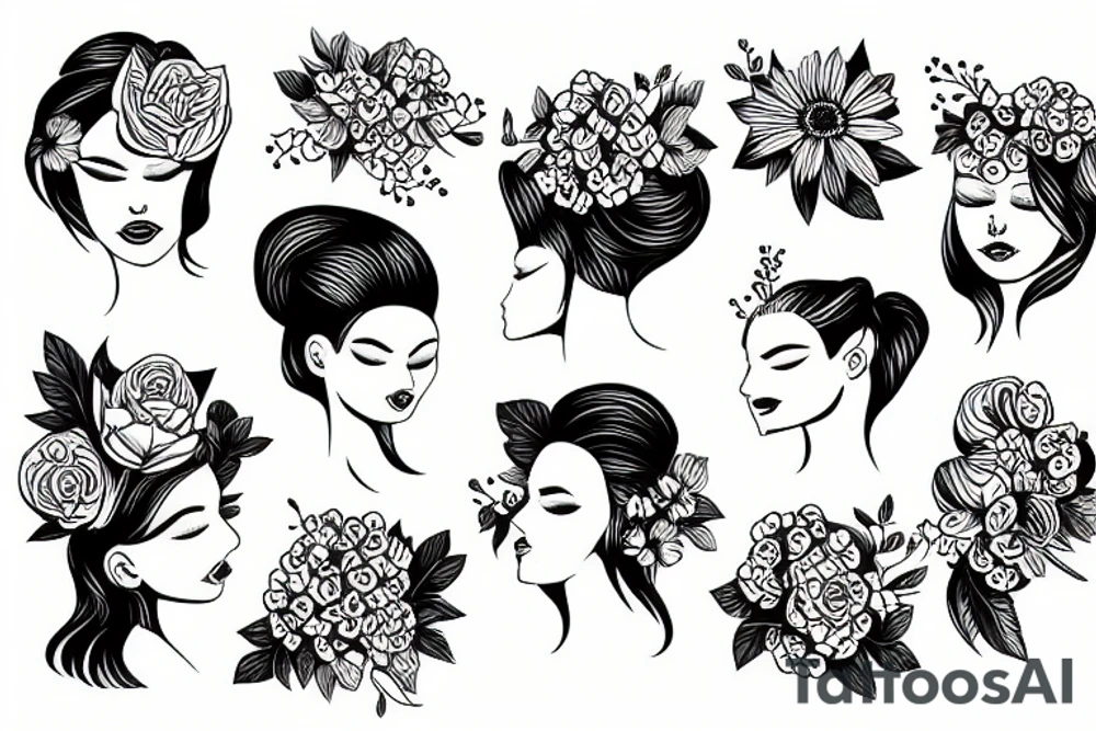 Bouquet of flowers emerging from a female head tattoo idea