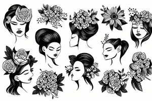 Bouquet of flowers emerging from a female head tattoo idea
