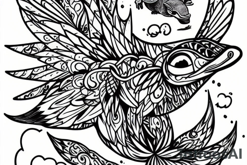 Platypus with fairy wings flying over a swamp tattoo idea