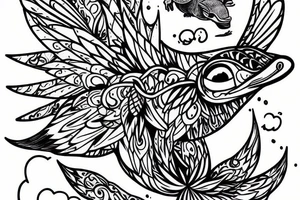 Platypus with fairy wings flying over a swamp tattoo idea