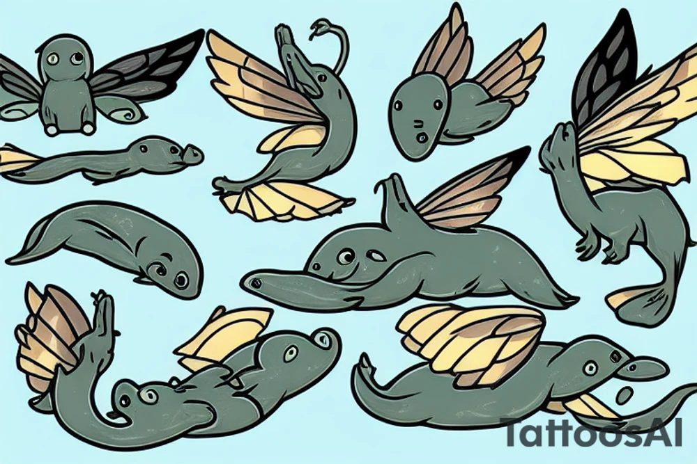 Platypus with fairy wings flying over a swamp tattoo idea