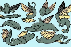 Platypus with fairy wings flying over a swamp tattoo idea