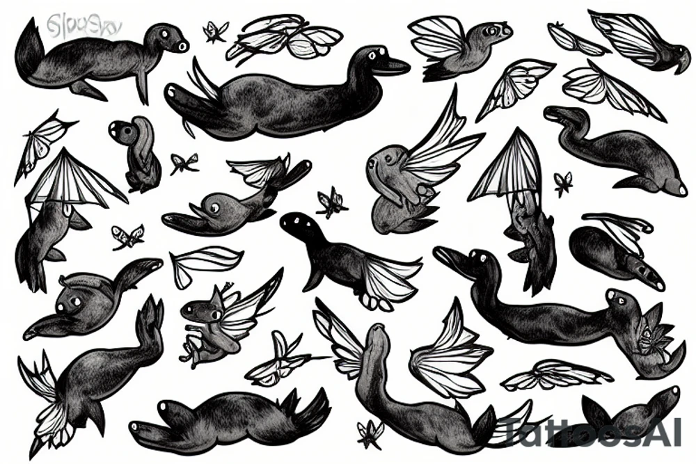 Platypus with fairy wings flying over a swamp tattoo idea
