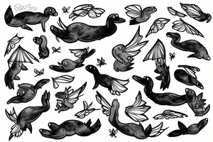 Platypus with fairy wings flying over a swamp tattoo idea