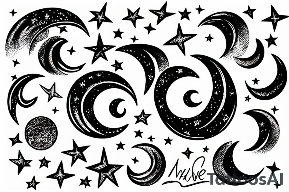 wave, stars, moon tattoo idea