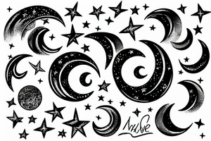 wave, stars, moon tattoo idea