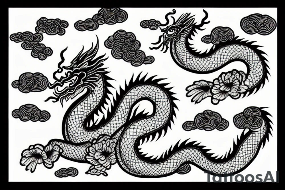Chinese dragon with clouds and peonies tattoo idea