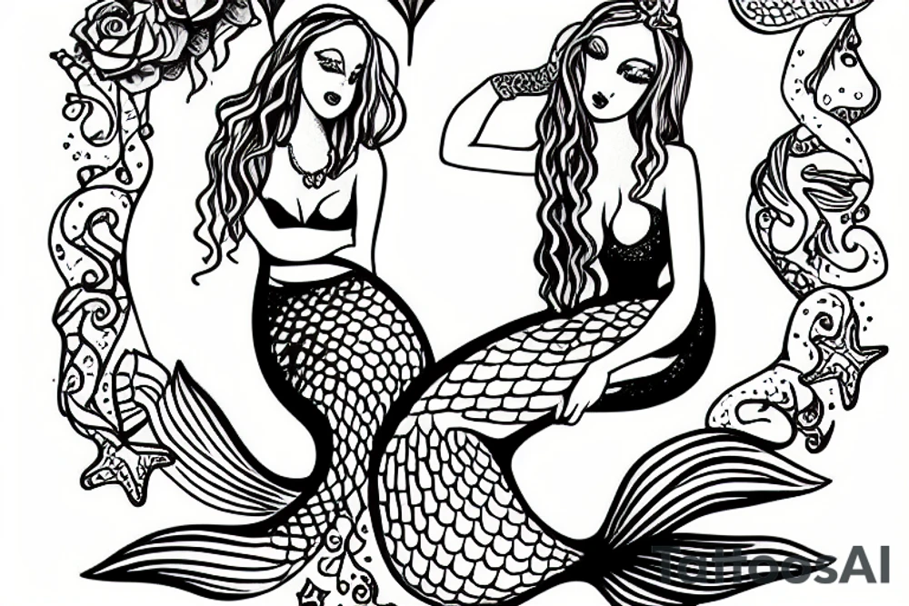 mermaid sitting on a rock staring into a hand mirror tattoo idea