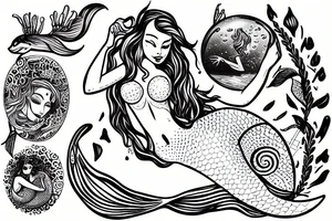 mermaid sitting on a rock staring into a hand mirror tattoo idea