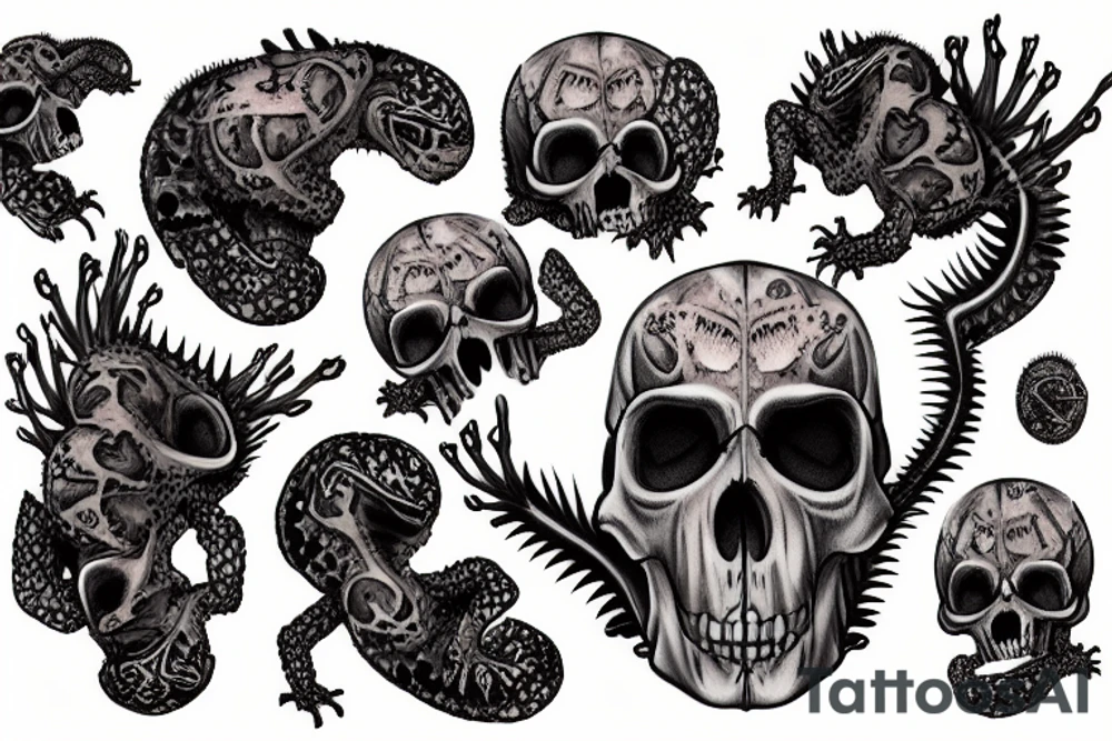 Crested eyelash gecko crawling out of a skull tattoo idea
