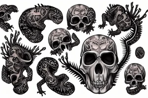 Crested eyelash gecko crawling out of a skull tattoo idea