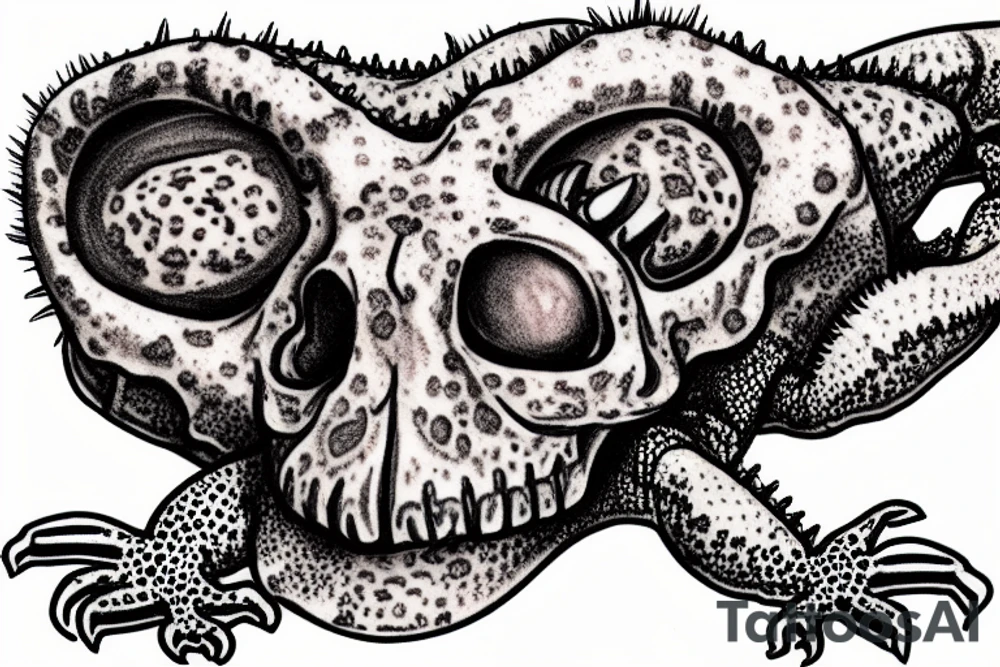 Crested eyelash gecko crawling out of a skull tattoo idea