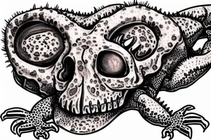 Crested eyelash gecko crawling out of a skull tattoo idea