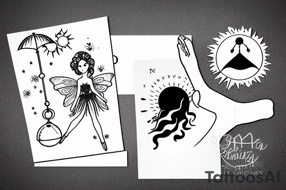 Fairy holding a libra scale in front of a sun tattoo idea Fairy holding a libra scale in front of a sun tattoo idea