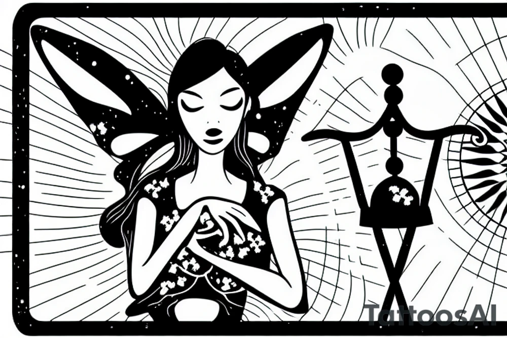 Fairy holding a libra scale in front of a sun tattoo idea Fairy holding a libra scale in front of a sun tattoo idea