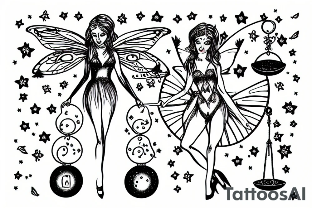 Fairy holding a libra scale in front of a sun tattoo idea