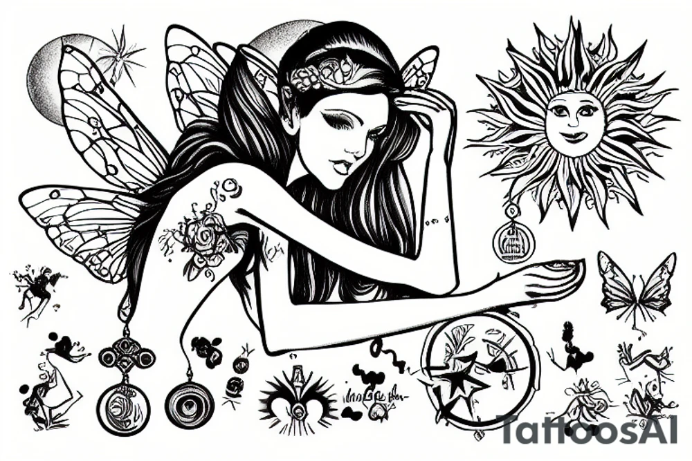 Fairy holding a libra scale in front of a sun tattoo idea