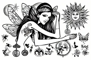 Fairy holding a libra scale in front of a sun tattoo idea