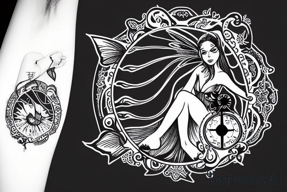 Fairy holding a libra scale in front of a sun tattoo idea Fairy holding a libra scale in front of a sun tattoo idea
