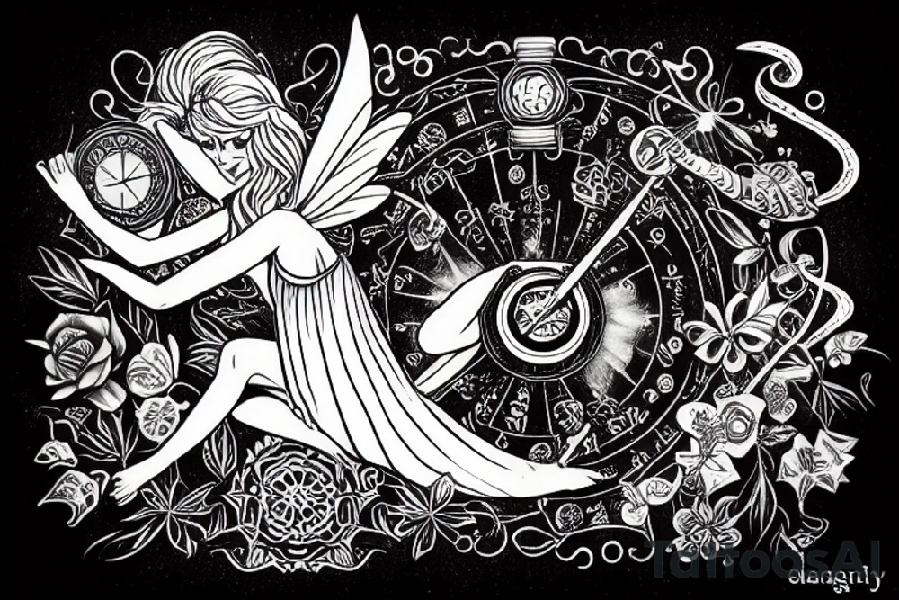 Fairy holding a libra scale in front of a sun tattoo idea