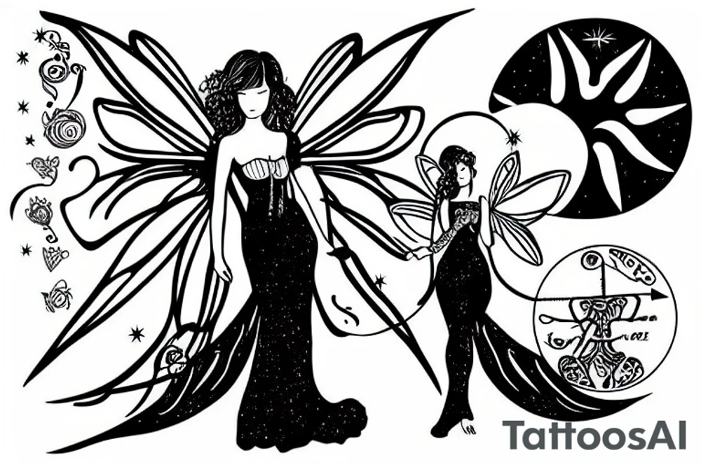 Fairy holding a libra scale in front of a sun tattoo idea