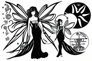 Fairy holding a libra scale in front of a sun tattoo idea