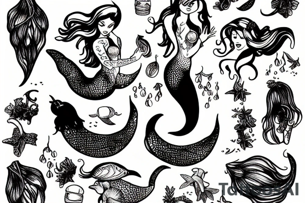 mermaid picking grapes tattoo idea