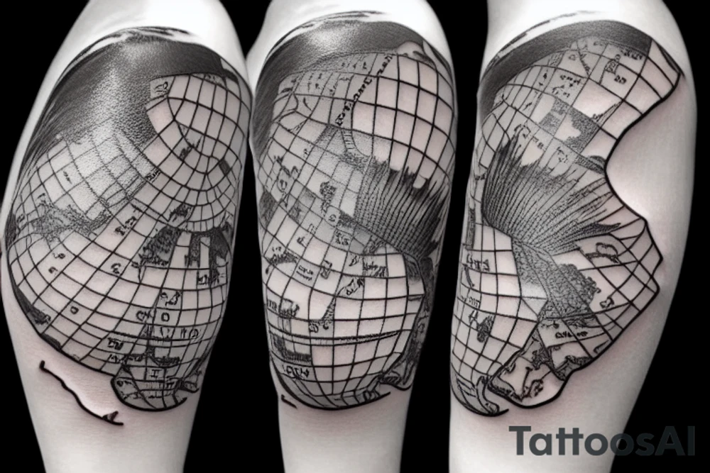 Need 3d tattoo. Top watch after midle feather pen and ink bottle with signature. Below 2 dice. Background need map. tattoo idea